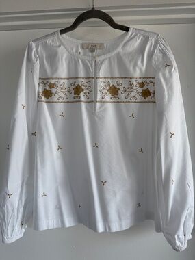 LOFT White Long Sleeve Blouse with Gold Embroidered Band